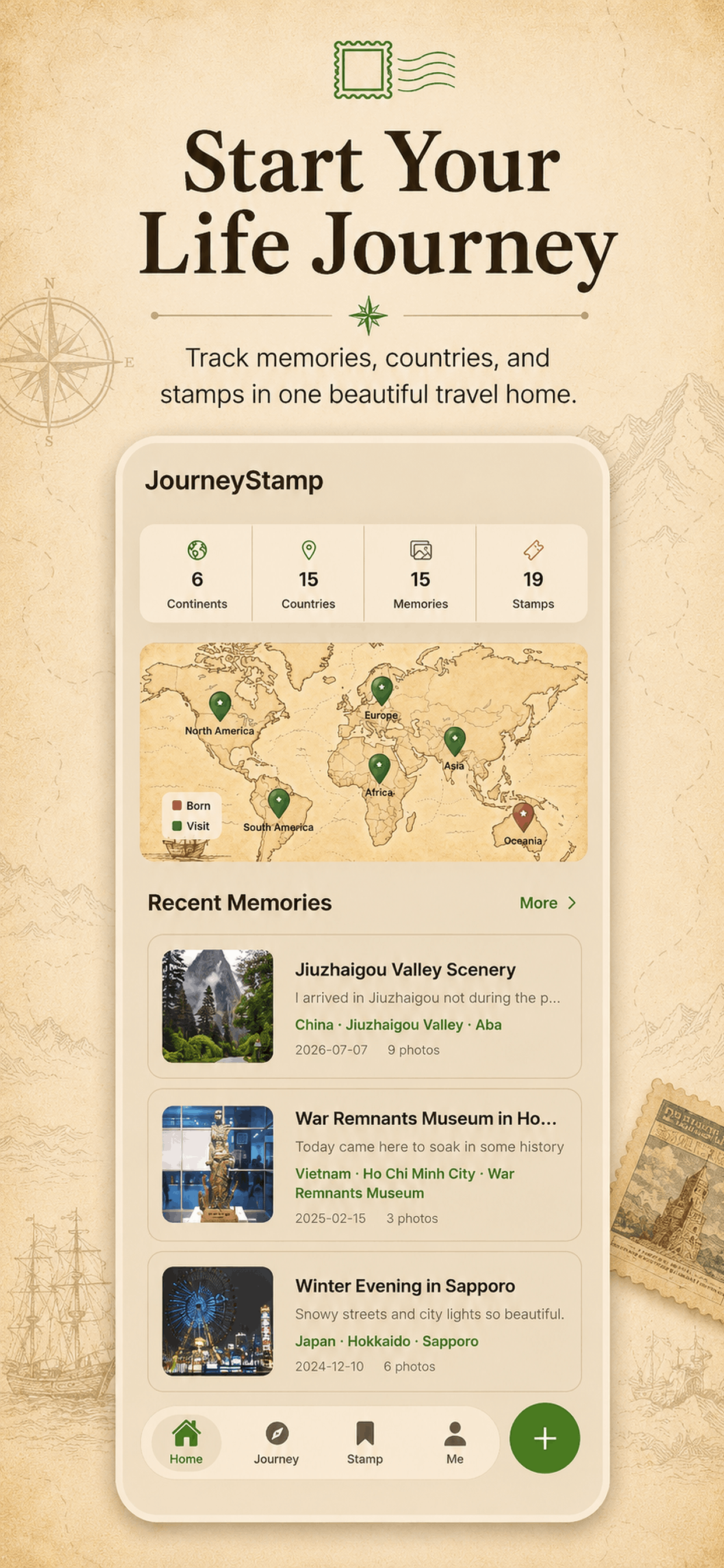 JourneyStamp travel home screen