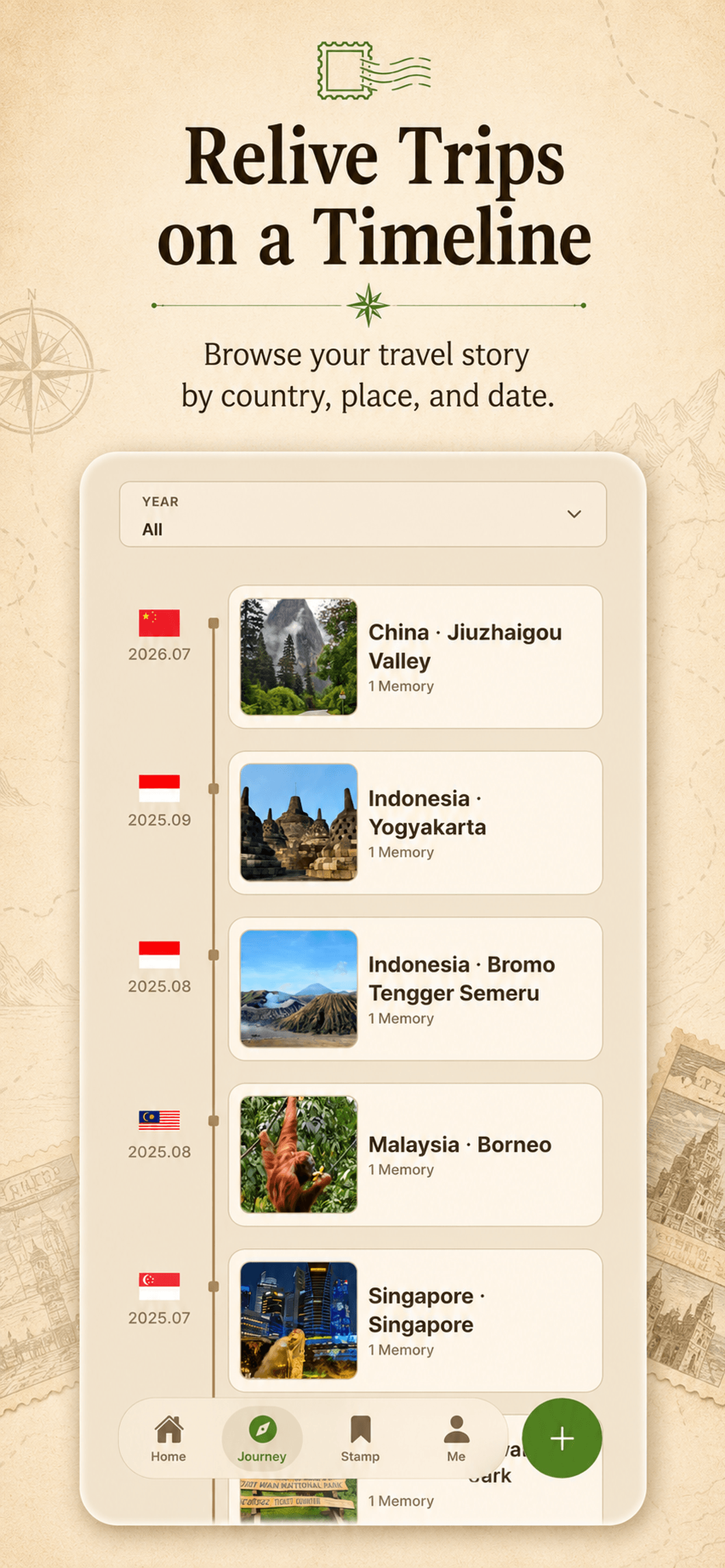 JourneyStamp Journey timeline showing organized travel memories